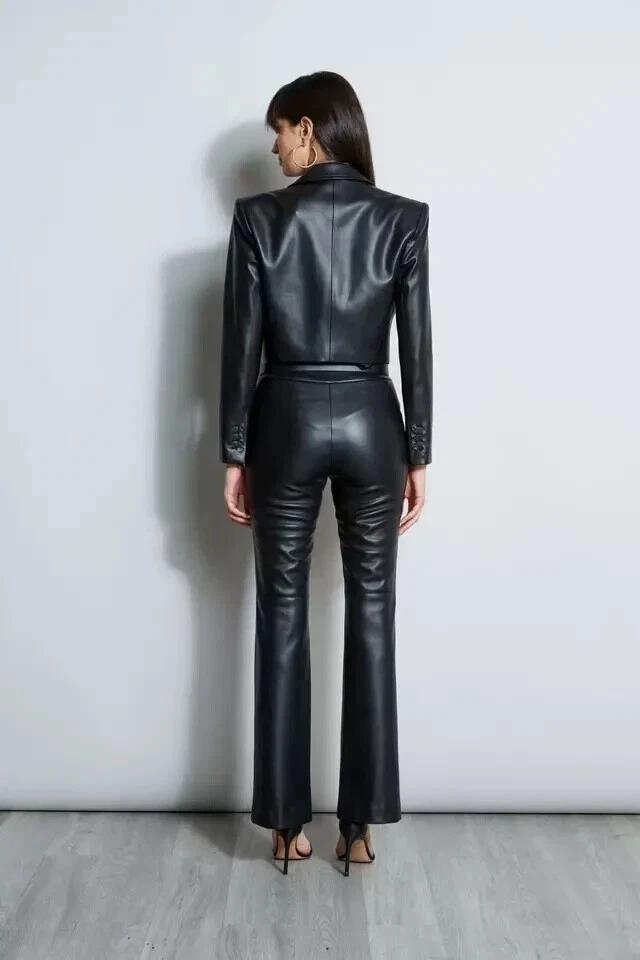 Handmade Women's Black Cropped Genuine Blazer Lambskin Pure Soft Leather Casual Formal