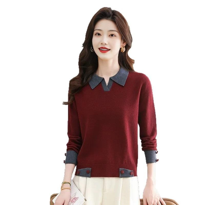 Lapel Solid Color Short Women's Knitted Sweater Pullover Base, New Autumn and Winter Fashion Temperament Sweater