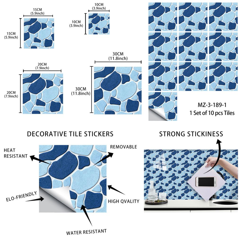 10Pcs  Cobblestone Tile Stickers - Modern Irregular Pebble Design Wall Decals - Waterproof Self-Adhesive PVC Mural for Kitchen Bathroom DIY Decor