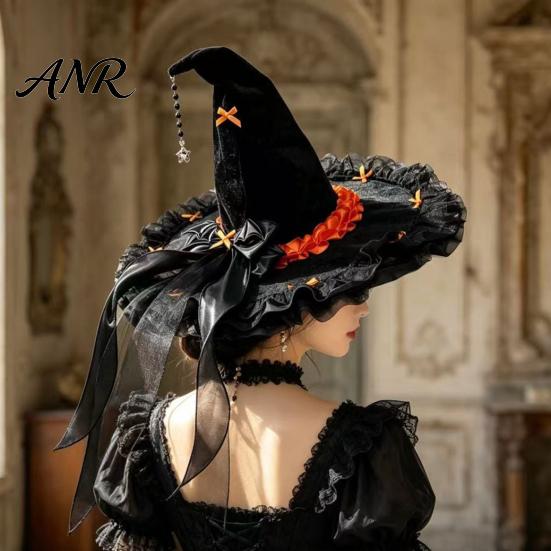 Spooky Festival Accessories Halloween Witch Hat for Women, Large Black Velvet Wizard with Party Favors Mesh Ruffle Brim Adults Costume, Cosplay