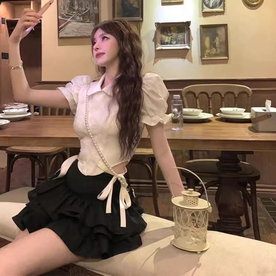 Korean-Style Summer Women's Two-Piece: Bow Tie Strap Top & Waist-Cinching Lace Ruffle Skirt