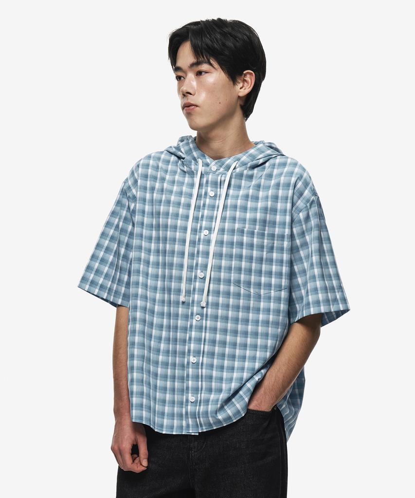 Sekeonmonollogeu Hooded Check Half Shirt [Blue]_Sesh999Blue