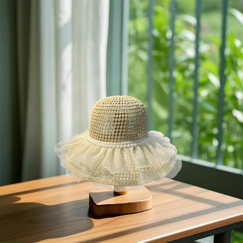 (One Size, Beige) Women's Woven Sun Hats Outdoor Fashionable Mesh Pearl Wide Brim Sun Protection Beach Hat