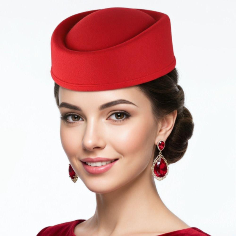 Solid Color Topper Hat Retro Airline Stewardess Caps Woolen Top Hat Felt Beret Banquet