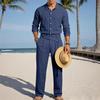 2026 European Men's Casual Loose Linen Lapel Shirt & Long Pants Set - Breathable Cotton Blend