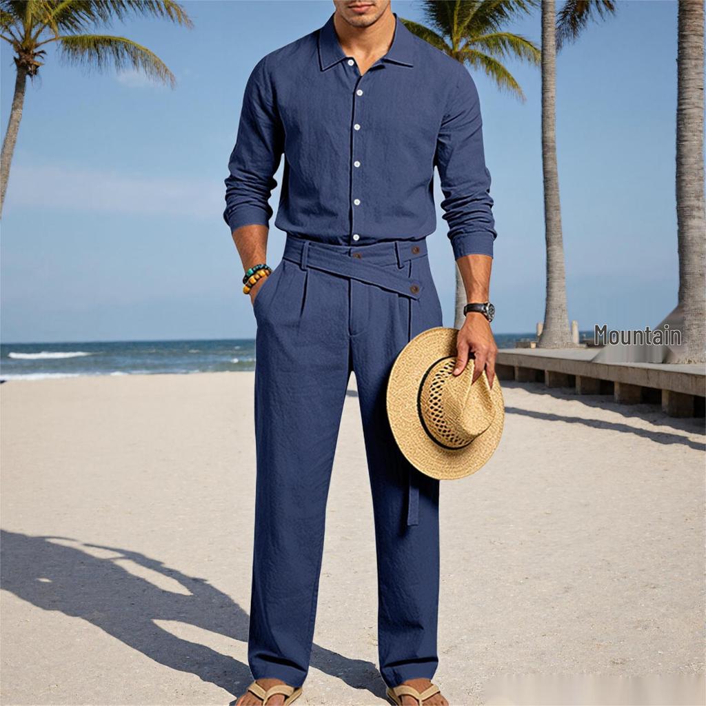 2026 European Men's Casual Loose Linen Lapel Shirt & Long Pants Set - Breathable Cotton Blend