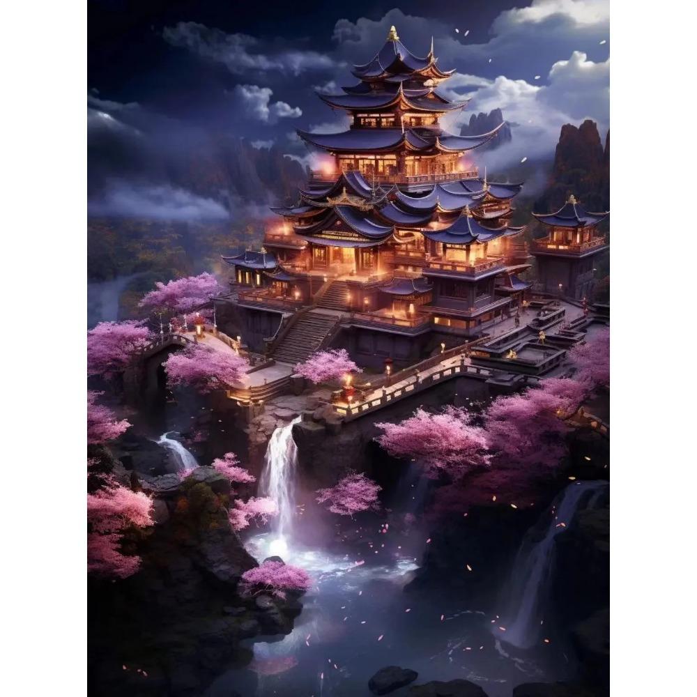 

Алмазная картина Full Drill Moon Castle Круглая алмазная живопись Ручная работа Фэнтези Радужное дерево Diy Алмазная мозаика Картина Украшение дома Full Square 25X37.5CM