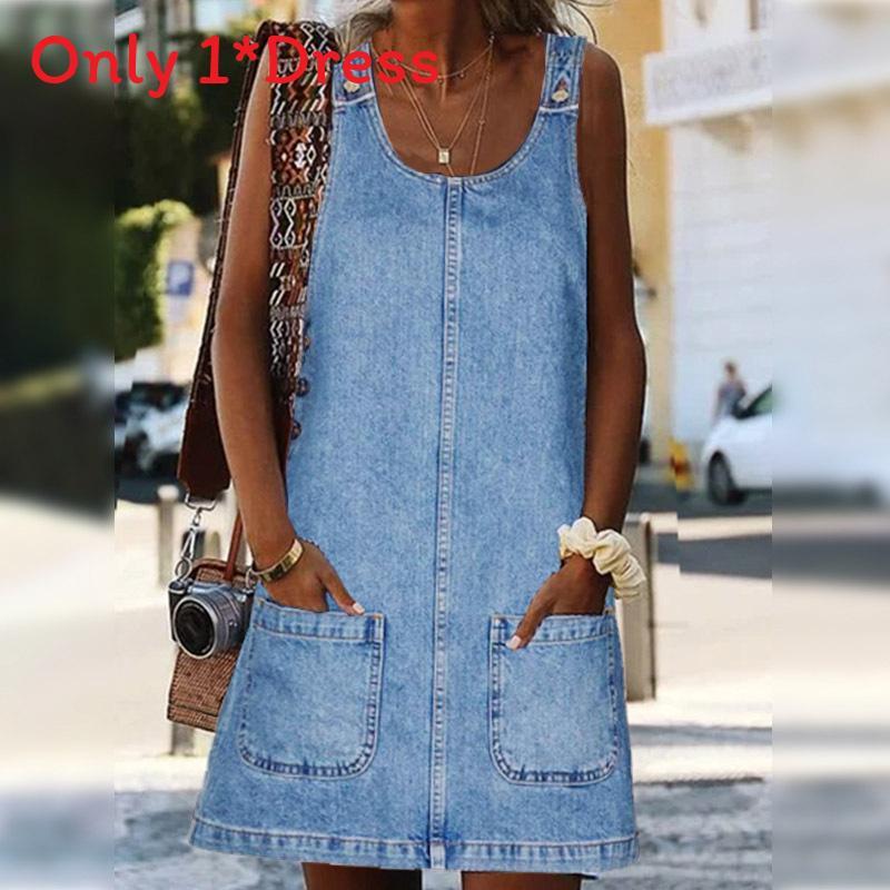Denim Dress For Women Summer Sleeveless A Line Casual Cotton Polyester Fabric