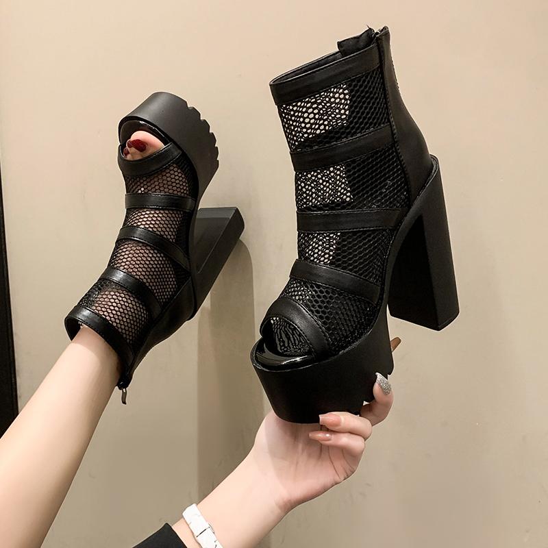 

High Heels Gladiator Women Sandals Peep Toe Sexy Black Mesh Square Heel Platform Shoes 2025 Summer Womens Luxury Thick Sandals 34 чорний