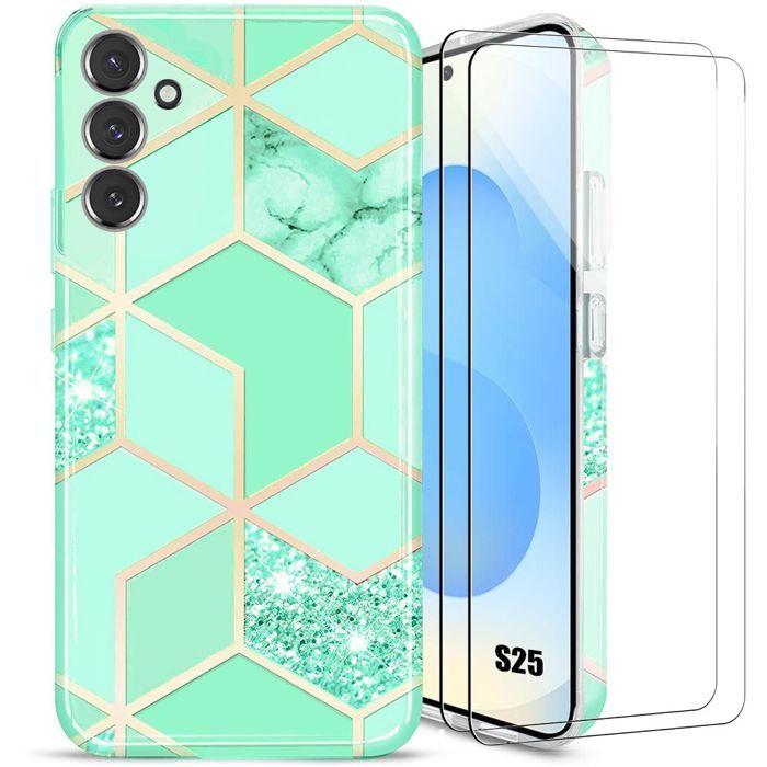 Coque de protection - BOOLING - pour Samsung Galaxy S25 - Motif Marbre Turquoise - 2 Verres Trempés - Antichoc