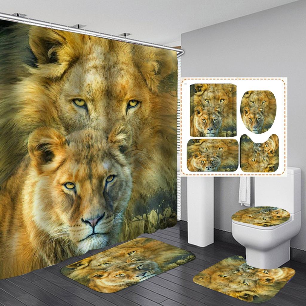 Seturi de perdele de duș din seria Lion 4 buc pentru baie Covoare de baie antiderapante Capac capac de toaletă Covoraș de baie