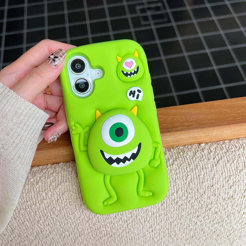 

Funny Cartoon Monsters Cover With Stand Holder Soft Silicone Case for 16 15 14 13 12 Pro Max For iPhone 16 Pro Max&Case & Holder зелёный