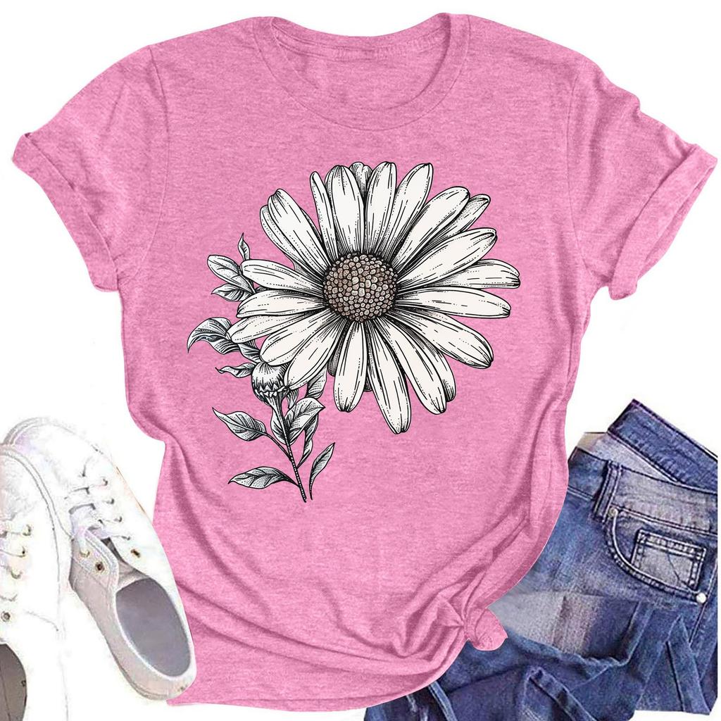 Lässiges T-Shirt für Damen mit Rundhalsausschnitt, Blumendruck, kurzärmelig