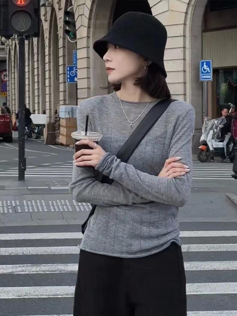 

Women s Spring/Summer Merino Wool Ribbed Roll Neck Semi-Sheer Knit Pullover S (up to 90 jin) сірий колір