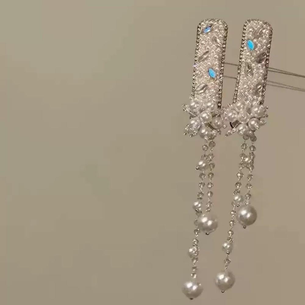 Vintage Pearl Tassel Hair Clip Crystal Chinese Style Side Bangs Clip Women's Headdress for Special Occasions