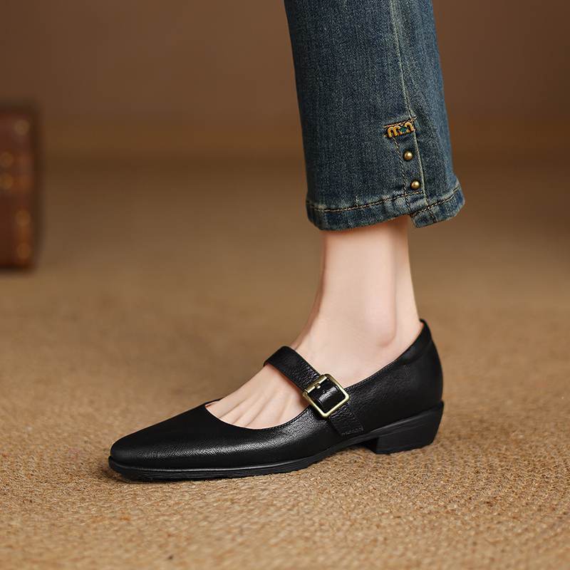 Krazing Pot Sheepskin Autumn Winter Shoes Buckle Straps Low Heels Mary Janes Size 40 Round Toe Brown Color Pumps