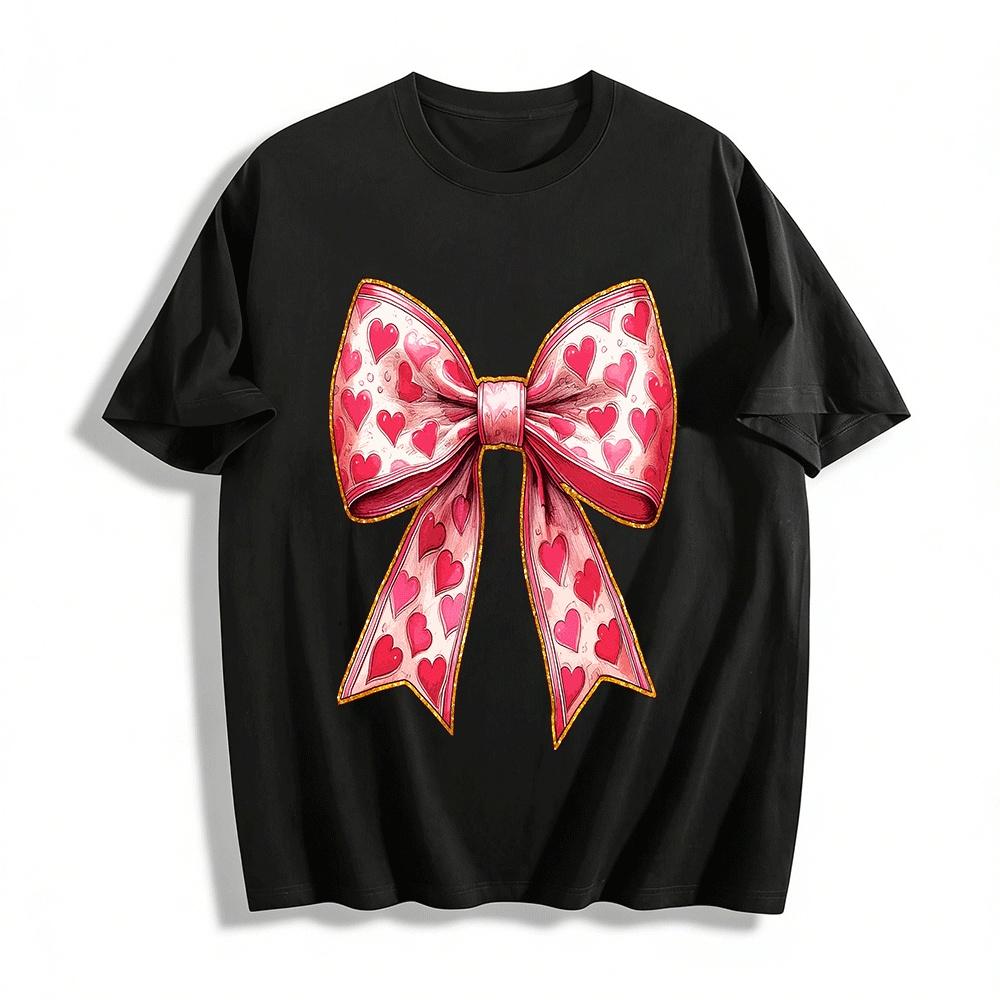 Heart Print Bowknot Sweet Style Girls  Top Pure cotton T-shirt XXS
