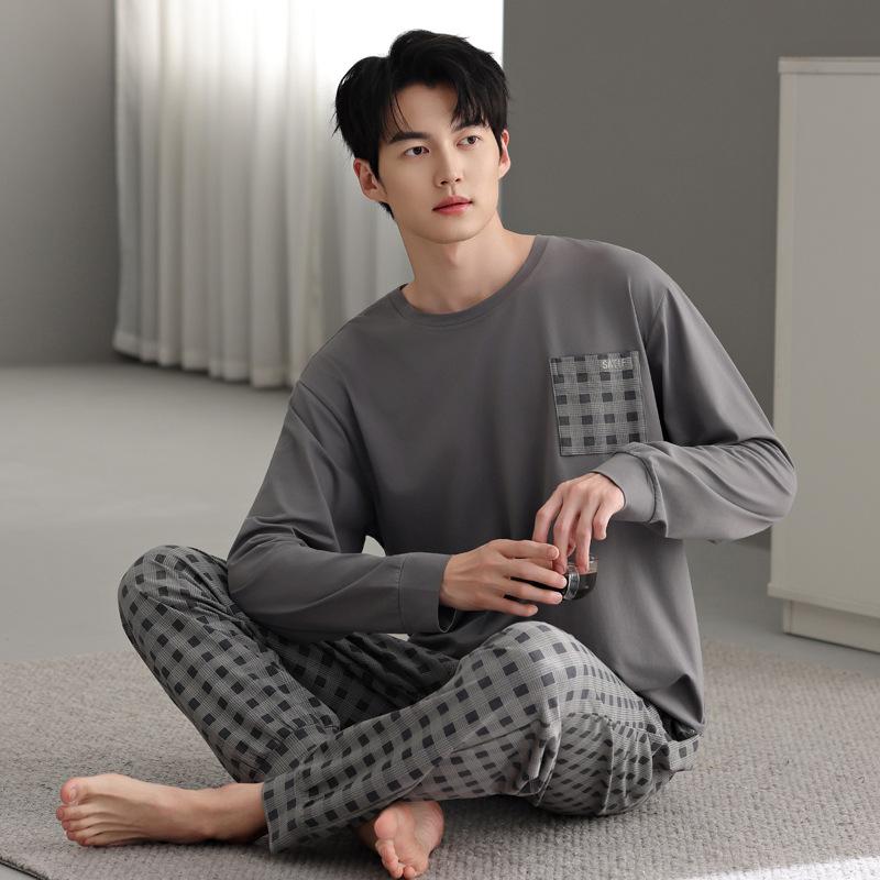 

Пижама из чистого хлопка мужская весенне-осенняя с длинными рукавами, можно носить на улице, мужской костюм для дома большого размера, пуловер с круглым вырезом XL