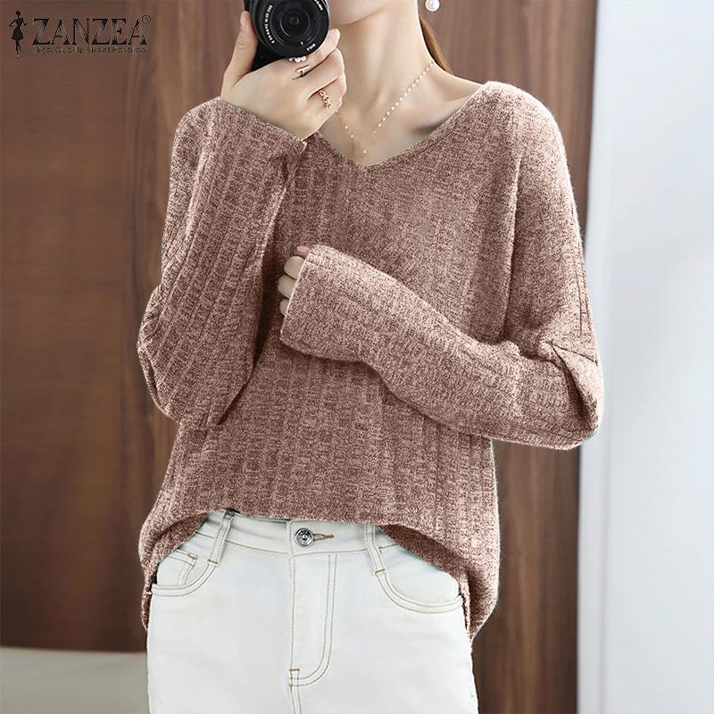 

ZANZEA Женская повседневная свободная блузка с длинным рукавом и v-образным вырезом