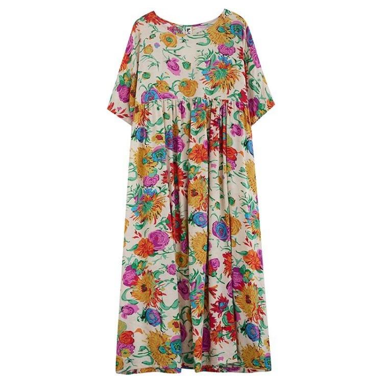 Vintage Květinové Bavlněné Letní Šaty Plus Size pro Ženy Ležérní Volné Dlouhé Krátký Rukáv Nové v Šatech