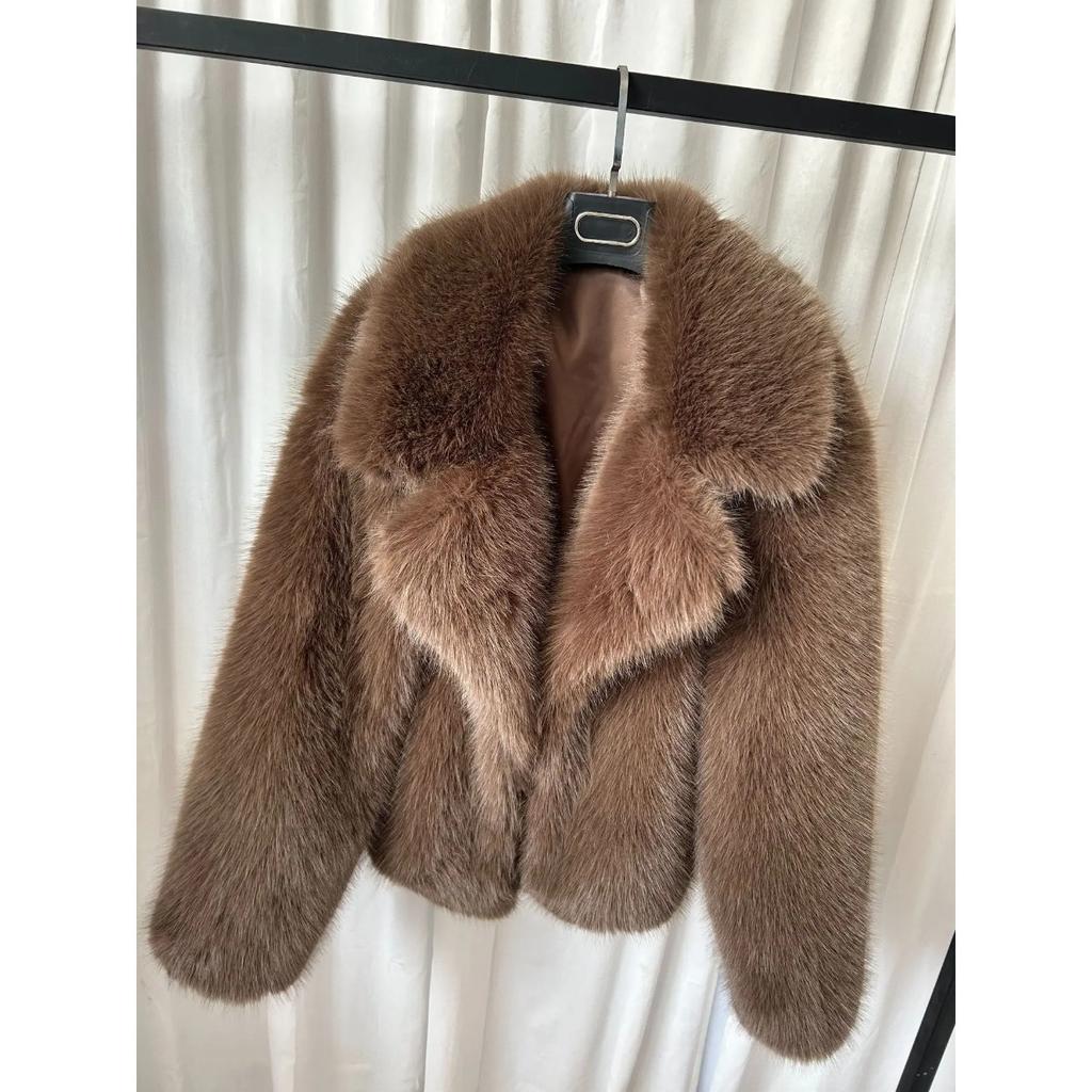 VAYLA Women Winter Imitation Fur Coat Pure Color Furry Collar Loose Lady Mink Fur Outwear Versatile Female Artificial Fur Coat