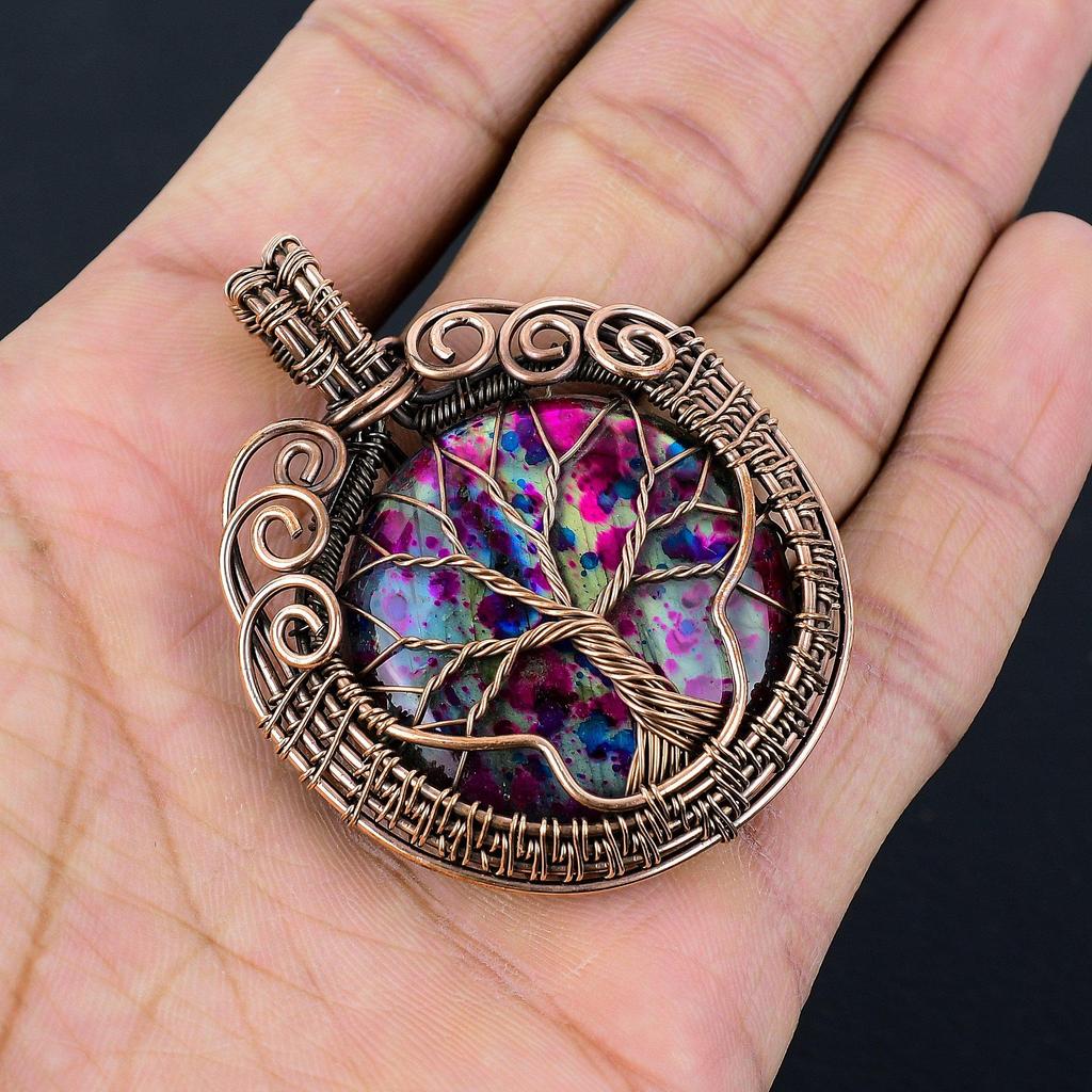 Tree Of Life Multi Fire Labradorite Pendant Gemstone Jewelry, 999 Copper Wire Wrapped Pendant, Gift For Women Handmade Pendant