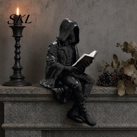 Donkere Fantasy Figuur Gotische Lezende Figuur, Mysterieus Figuur met Kap Beeldhouwwerk, Decoratie met Mysterieuze Sfeer Hars Zittende Magere Hein Standbeeld