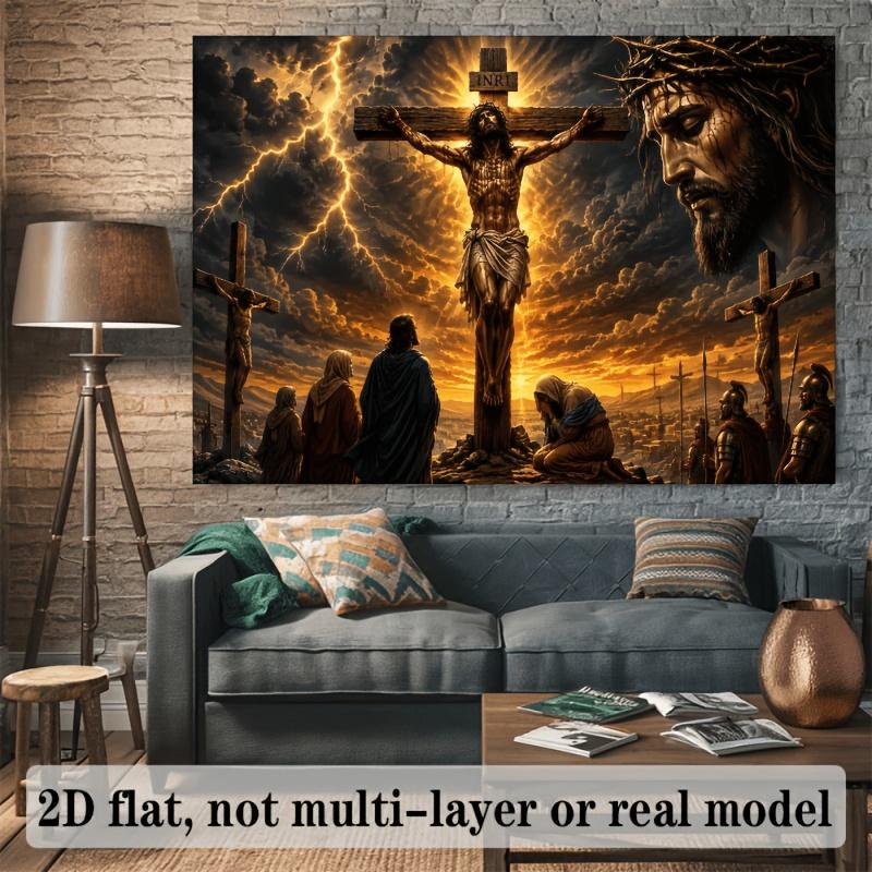 2D plane. Religious background cloth featuring the crucifixion of Jesus, depicting the scene of Jesus' suffering.