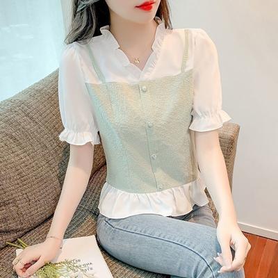 Short-sleeved Shirt for Women Summer New Design Sweet V-neck Fake Two-piece Top