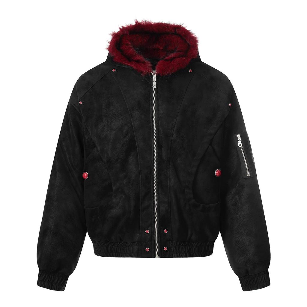 2025 Winter Weinrot Retro Kapuzenmantel mit Pelzkragen Baumwollmantel - Kurzer Reißverschluss Breite Jacke