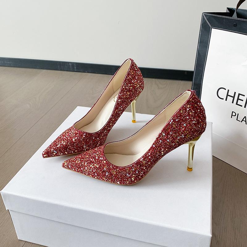 2025 New Xiuhe Wedding Shoes Bride Shoes Shallow Mouth Crystal Sequins High Heels Women's Thin Heel Pointed Banquet Shoes