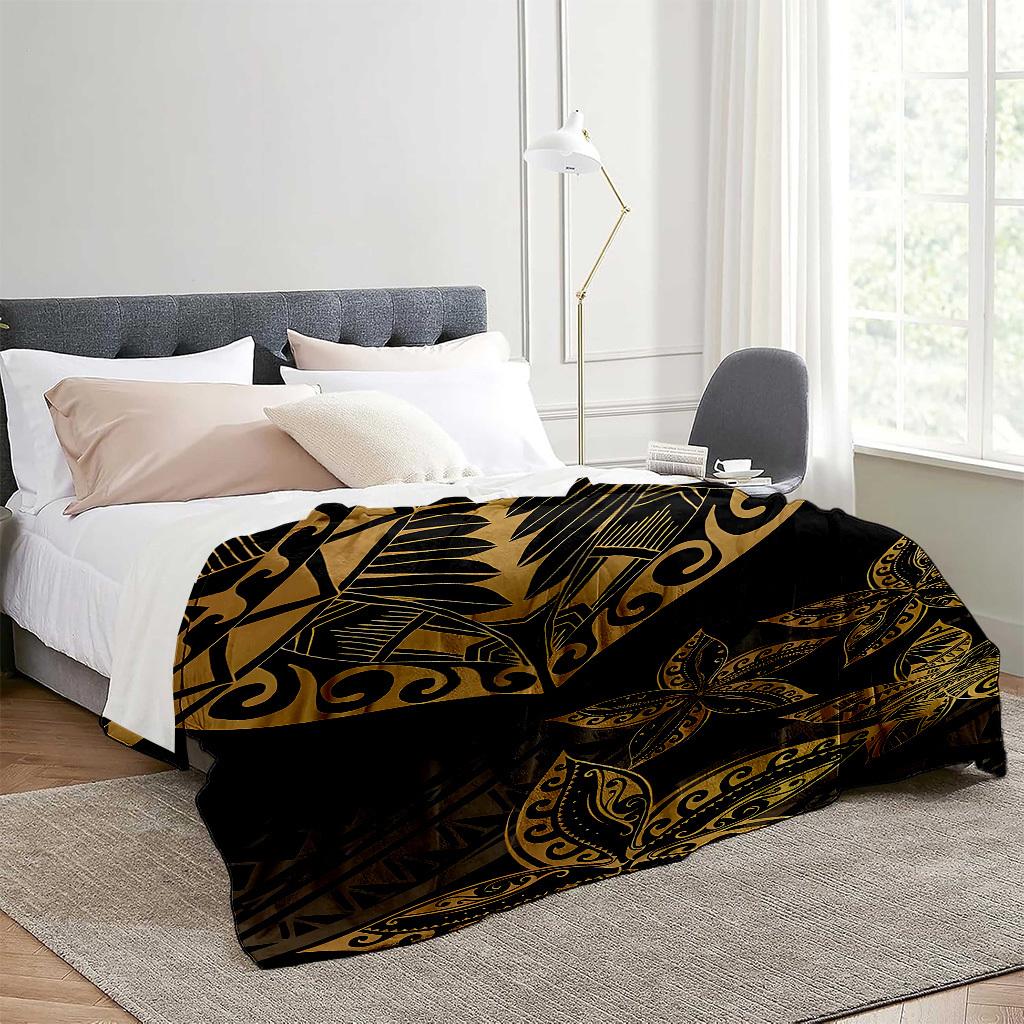Black and gold Polynesian tribal patterns Blanket for Sofa Bed Travel Camping Living Room Office Conditioning Blanket