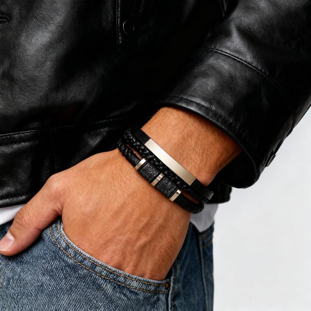 Custom Multi Layers Leather Bracelet for Men,Classic Metal Tube Handmade Braided Wristband,Gift for Husband Father Boyfriend