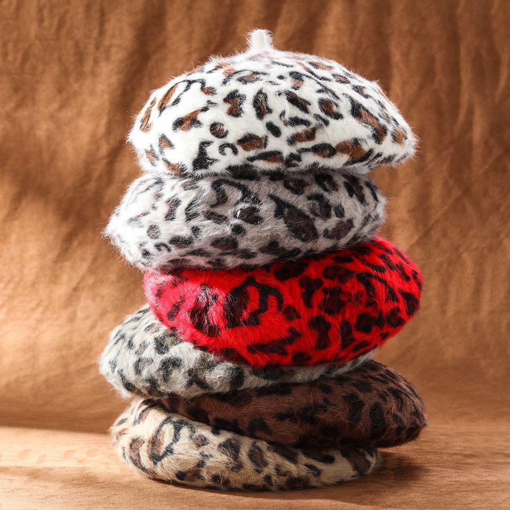French Style Winter Warm Beanie Hat Berets for Women Leopard Print Hat Beret French Hat