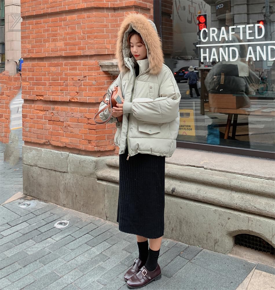 eleitchtee LHT Down Padded Winter Jacket with Fur Loose Thick Women's Coat, Outerwear, Jacket, Short, Hood, Pockets, Fit, Casual, (Size S, Green)