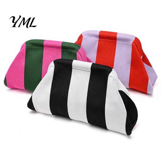 Quick Access Makeup Pouch Women Woven Striped Clutch Purse, Large Capacity Kiss Lock Organizer Cosmetic Pouch, Summer Beach Vacation Evening Dumpling