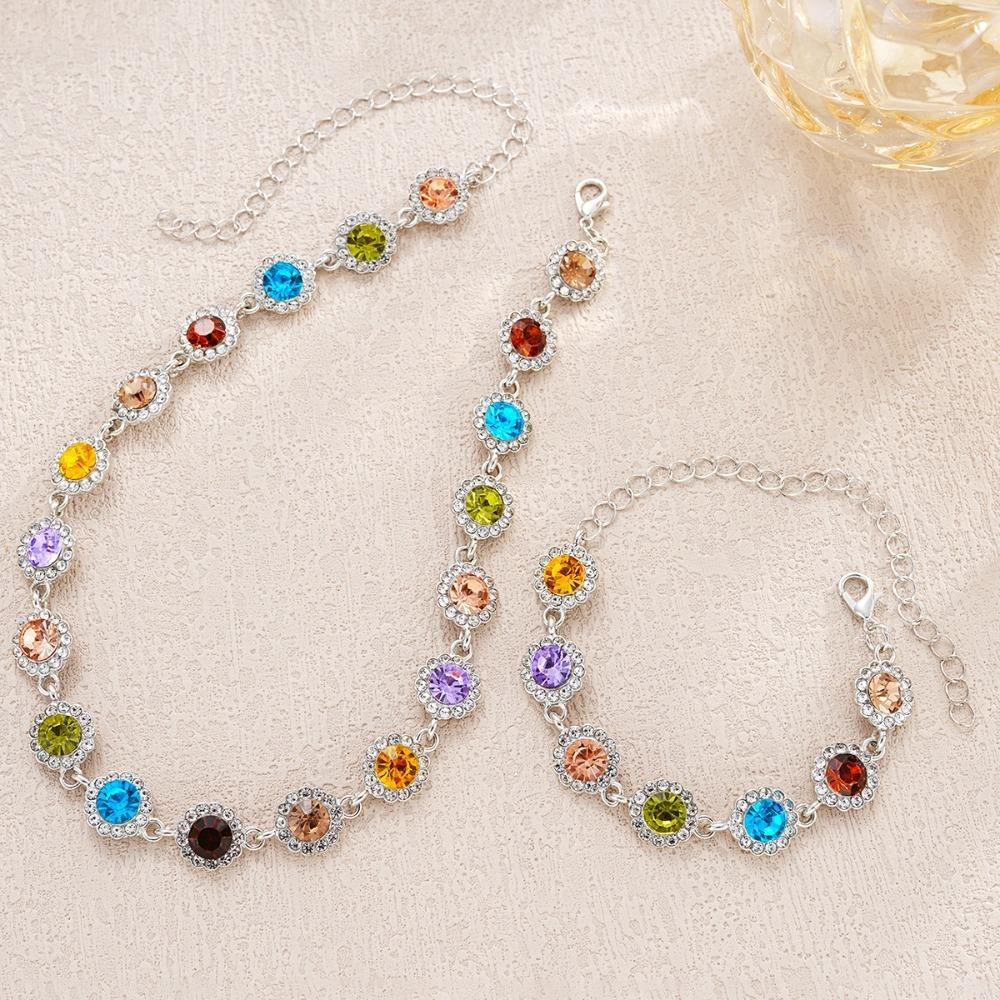 2pcs Set Luxury Temperament Colored Zircon Flower Bracelet Necklace Set for Women Trendy Personality Birthday Party Jewelry Sets