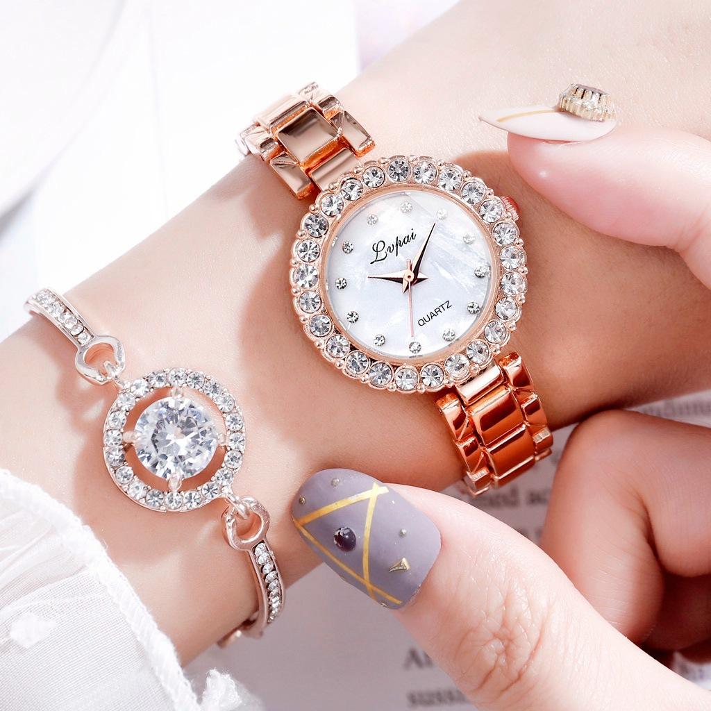 Trendy unisex armbånd øredobber 6 stk Sett Halskjede Ring Kvarts Klokke Dame Armbånd Sett Diamant Innlagt stål