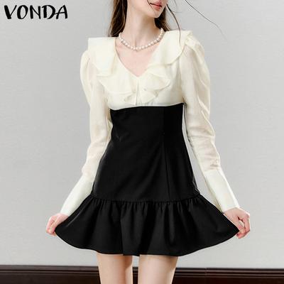 Women Summer Ruffle Lapel Long Sleeve Contrast Color Dresses