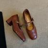 Sheepskin~ Versatile one-word buckle light mouth thick heel Mary Jane shoes women's retro Brock square head shoes genuine leather single shoes