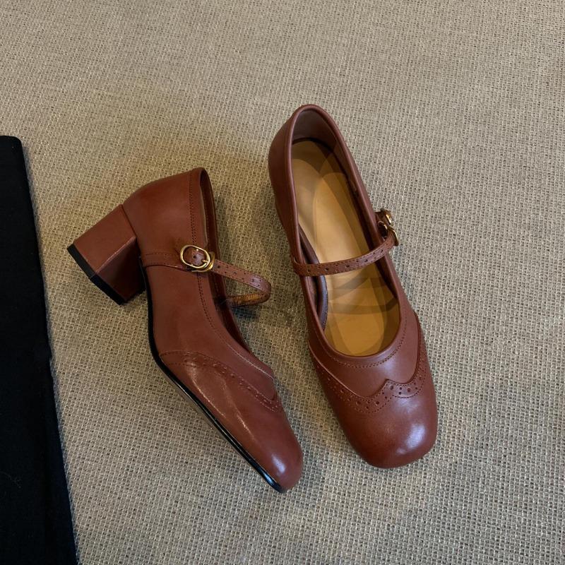 Sheepskin ~ versatile one-button shallow thick heel Mary Jane shoes women's vintage brogue square toe shoes leather single shoes