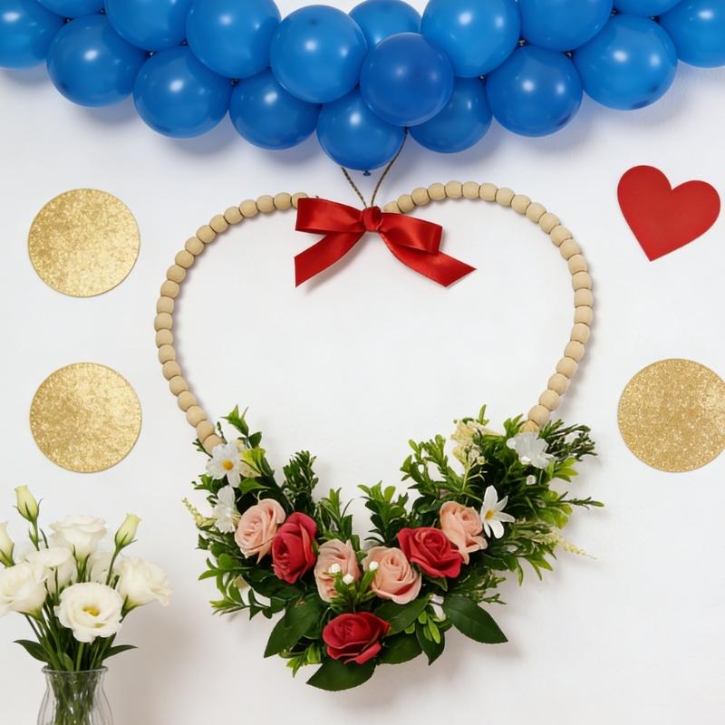 Romance Valentine's Day Heart Shape Wreath with Wood Beads Frame Red Ribbon and Simulated Flower for Festival Home Decors Measuring 36cm Wide 37cm