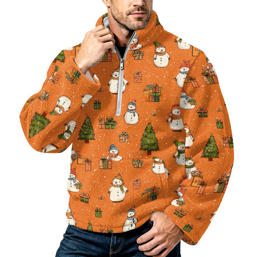 Men's Christmas Print Flannel Zip-Up Sweatshirt with Stand Collar, Plus Size Casual Top for Fall Winter