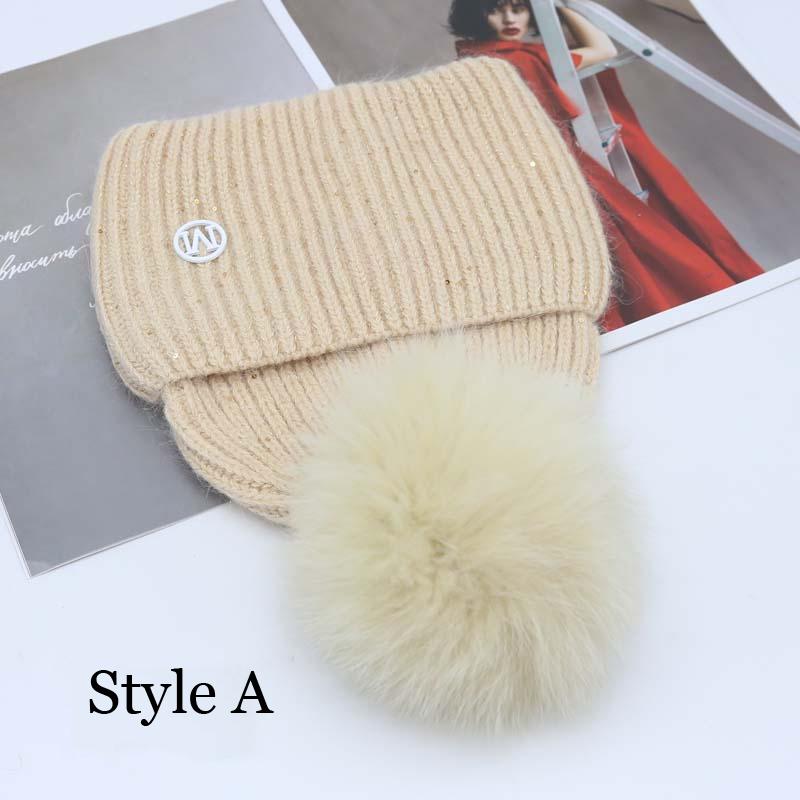 New In Hat Real Fox Fur Pom Poms Hat Women Outdoor Warm Skullies Beanie Winter Hat For Women Rabbit Knitted Thick Cap Christmas