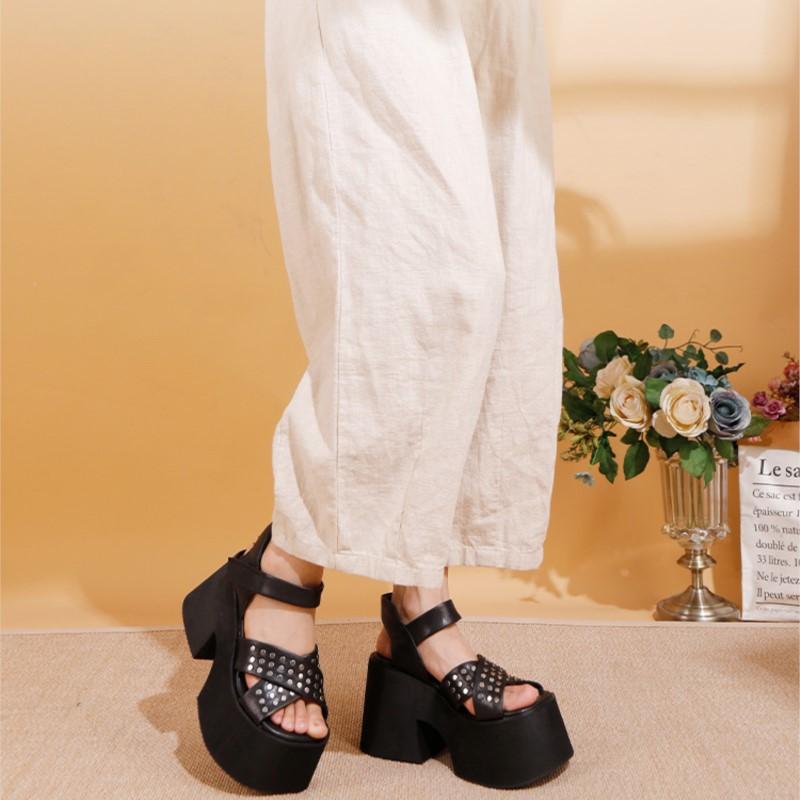 Johnature Genuine Leather Super High Heel Sandals Riveted Thick Soled Roman Women's Platform Shoes