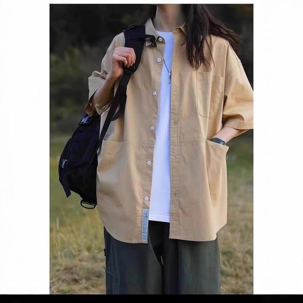 Japanese Style Solid Color Short Sleeve Shirt for Men and Women - Trendy, Loose, Casual Korean and Hong Kong Inspired Top (2025).