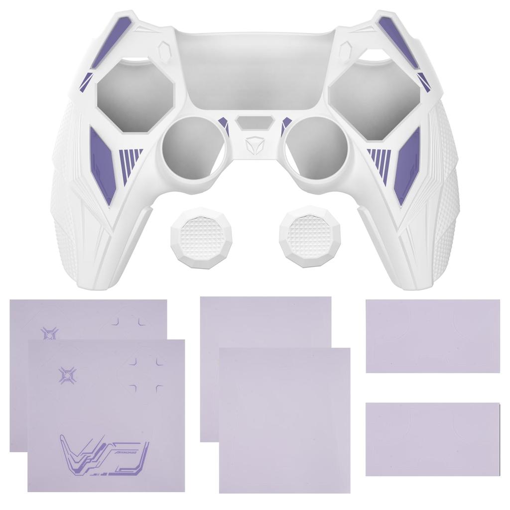 PlayVital PS5 Controller Silicone Mecha Rhino Shockproof Protective Easy Includes Thumb Grips and Compatible with Charging White and Light Purple