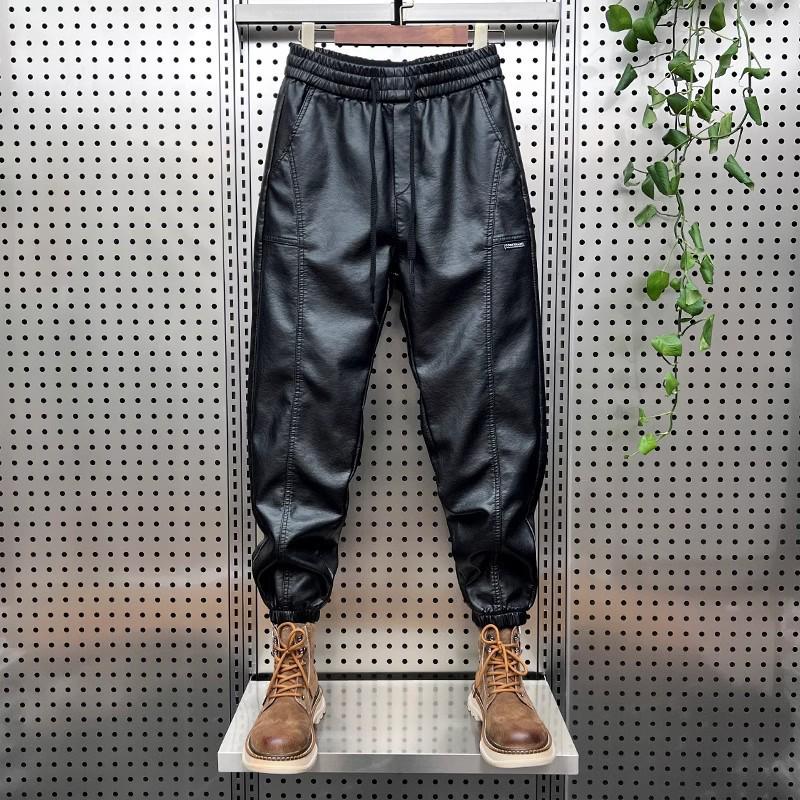Men's Plush Thickened Leather Motorcycle Pants - Windproof, Warm, Casual Leggings for Autumn and Winter