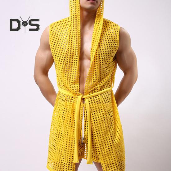 Menn Sexy hette Nattkjole Ermeløs Ensfarge Hollow Out Mesh Sommer Loungewear Snøring Nattkåpe Hjemmeklær