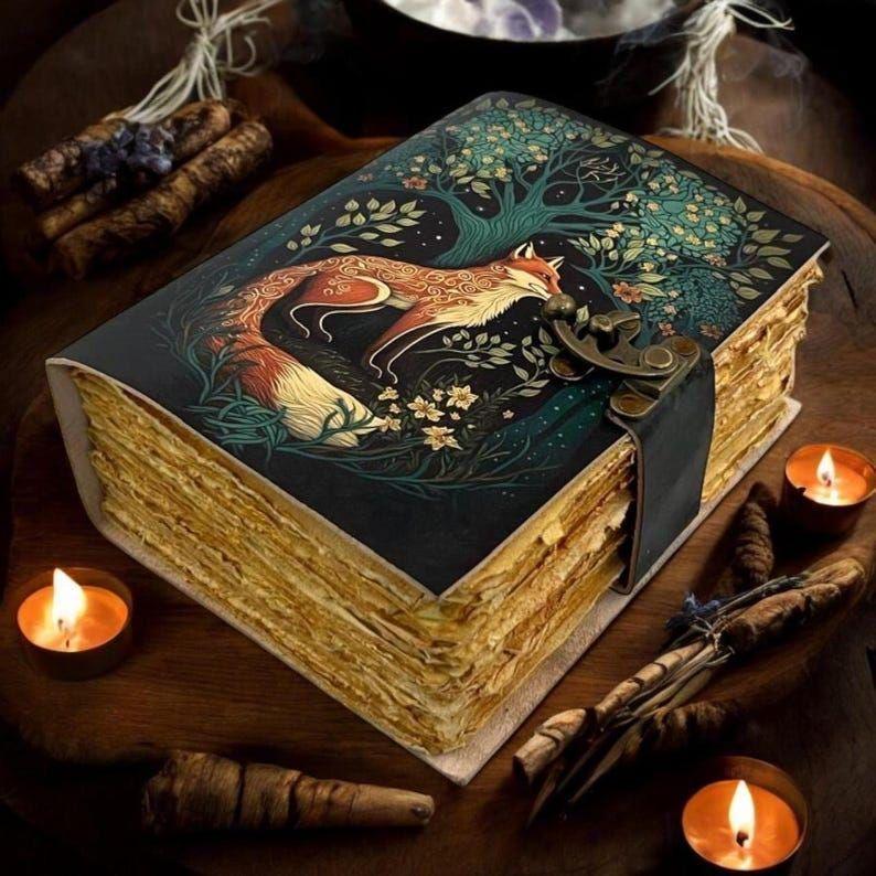 Fox Leather Grimoire Journal: Vintage Book of Shadows, Deckle Edge Paper